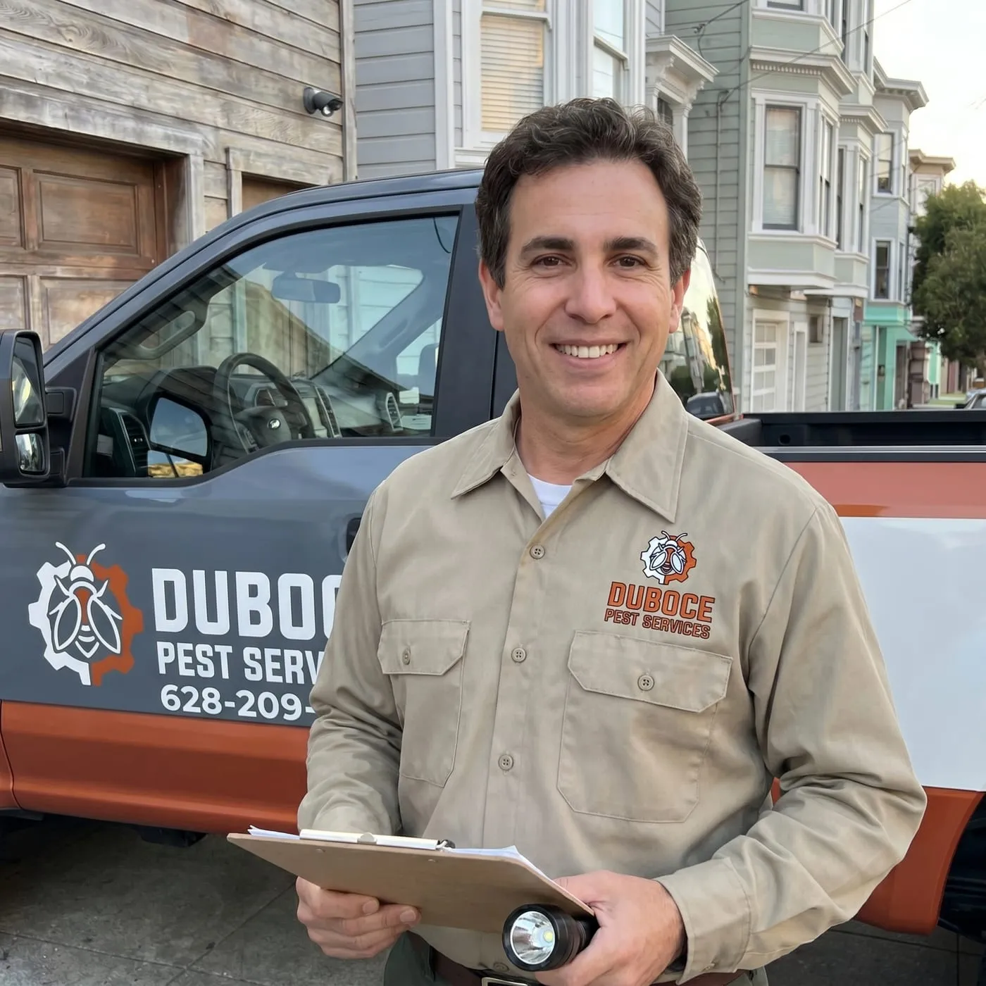 Cameron Burns, manager of Duboce Pest Services, holding an inspection clipboard in front of the company truck on a San Francisco street